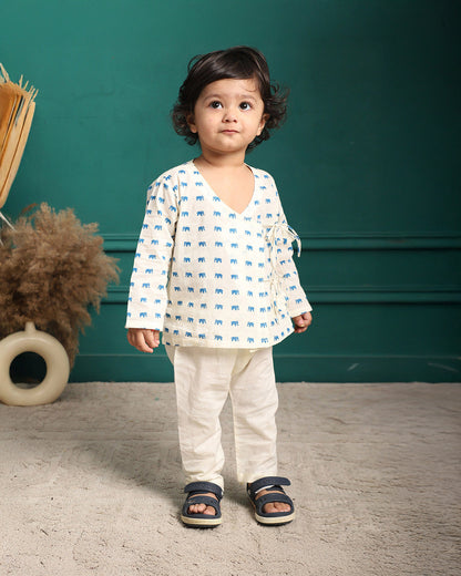 Polka Tots White & Blue Angrakha Set-Elephant Print-Cotton-For Infants
