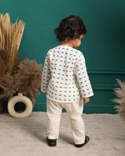 Polka Tots White & Blue Angrakha Set-Elephant Print-Cotton-For Infants