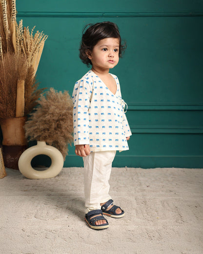 Polka Tots White & Blue Angrakha Set-Elephant Print-Cotton-For Infants
