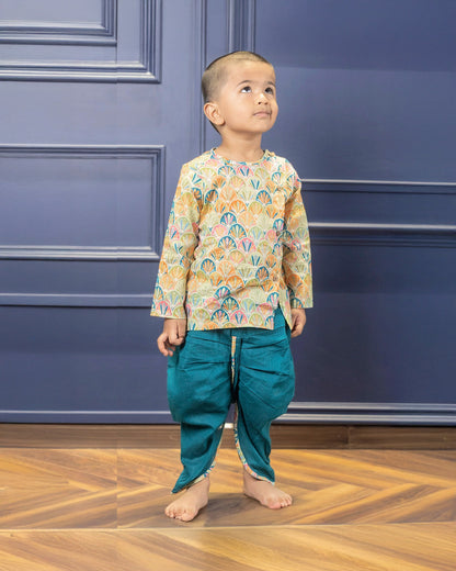 Polka Tots Blue Angrakha Dhoti Set-Floral Print-Cotton-For Infants