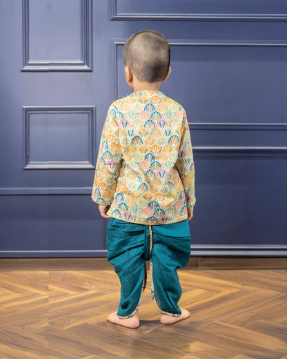 Polka Tots Blue Angrakha Dhoti Set-Floral Print-Cotton-For Infants