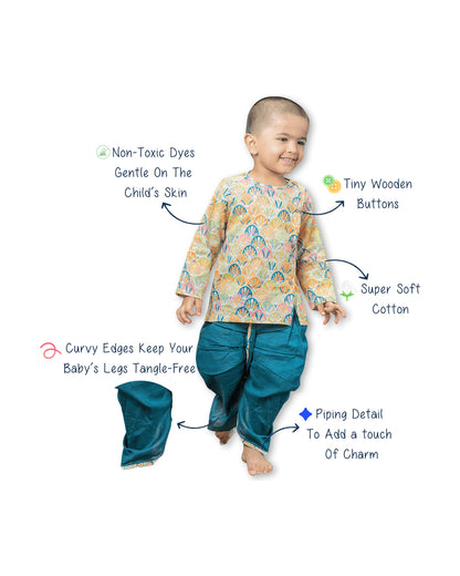 Polka Tots Blue Angrakha Dhoti Set-Floral Print-Cotton-For Infants