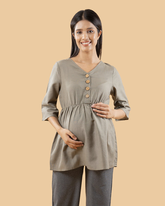 Wobbly Walk Olive Green Maternity Nursing Top-Solid Color-Linen-Bump Friendly