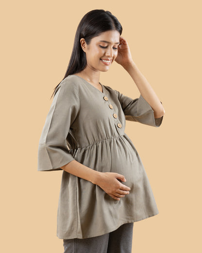 Wobbly Walk Olive Green Maternity Nursing Top-Solid Color-Linen-Bump Friendly