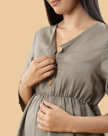 Wobbly Walk Olive Green Maternity Nursing Top-Solid Color-Linen-Bump Friendly