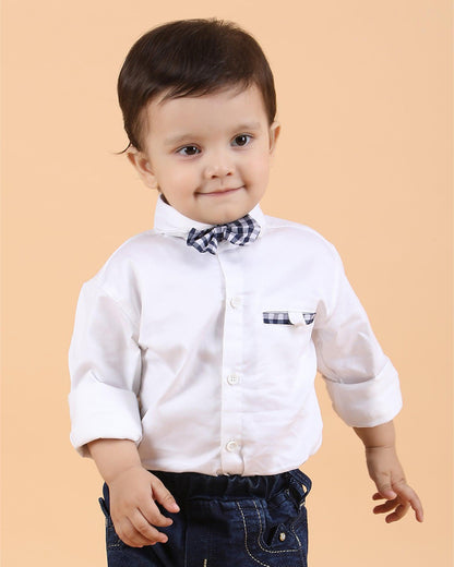 Polka Tots White Shirt with Bow-Solid-Cotton-For Infants