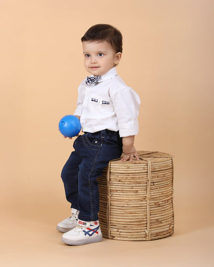Polka Tots White Shirt with Bow-Solid-Cotton-For Infants