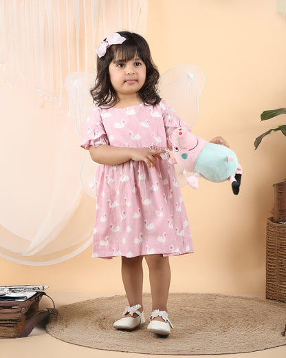 Polka Tots Pastel Pink Dress with Headband-Swan Print-Cotton Muslin-For Infants