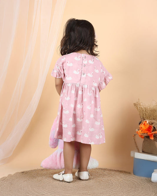 Polka Tots Pastel Pink Dress with Headband-Swan Print-Cotton Muslin-For Infants