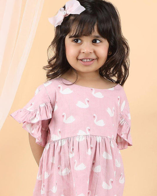Polka Tots Pastel Pink Dress with Headband-Swan Print-Cotton Muslin-For Infants