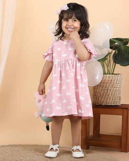 Polka Tots Pastel Pink Dress with Headband-Swan Print-Cotton Muslin-For Infants