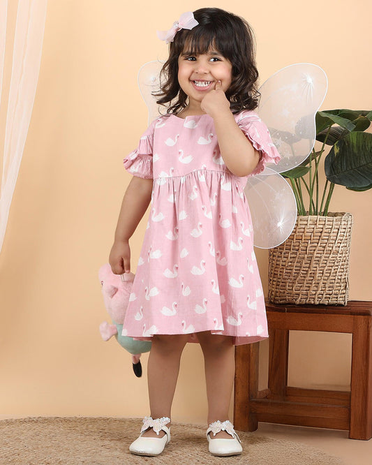 Polka Tots Pastel Pink Dress with Headband-Swan Print-Cotton Muslin-For Infants