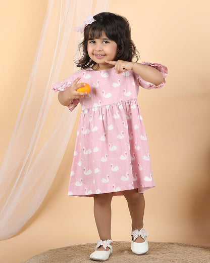 Polka Tots Pastel Pink Dress with Headband-Swan Print-Cotton Muslin-For Infants