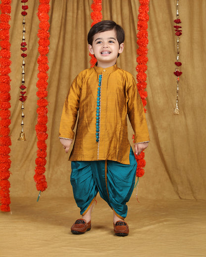 Polka Tots Blue & Mustard Angrakha Dhoti Set-Solid-Silk-For Infants