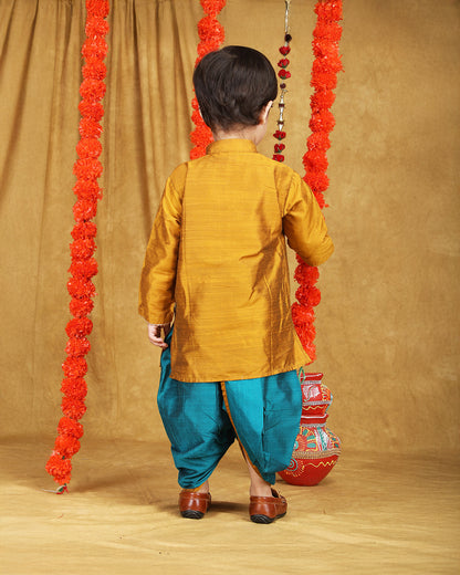 Polka Tots Blue & Mustard Angrakha Dhoti Set-Solid-Silk-For Infants