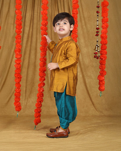 Polka Tots Blue & Mustard Angrakha Dhoti Set-Solid-Silk-For Infants