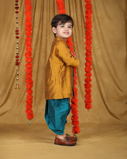 Polka Tots Blue & Mustard Angrakha Dhoti Set-Solid-Silk-For Infants