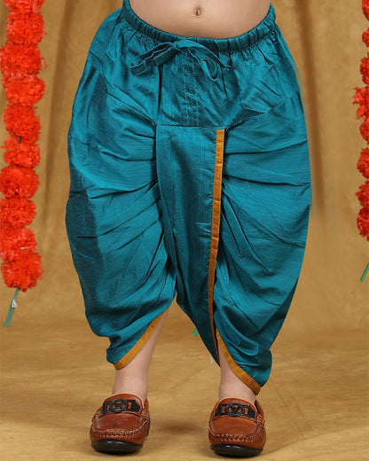 Polka Tots Blue & Mustard Angrakha Dhoti Set-Solid-Silk-For Infants