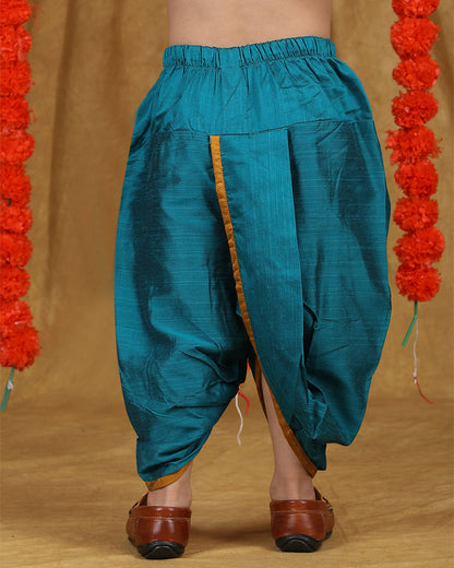 Polka Tots Blue & Mustard Angrakha Dhoti Set-Solid-Silk-For Infants