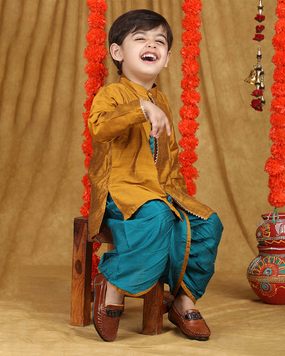 Polka Tots Blue & Mustard Angrakha Dhoti Set-Solid-Silk-For Infants