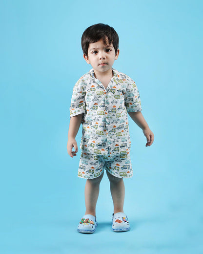 Polka Tots White & Multicolor Shirt & Shorts Set-Vehicle Print-Cotton-For Infants