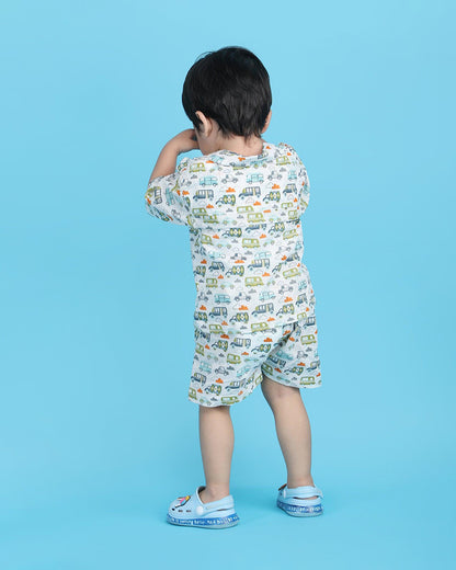 Polka Tots White & Multicolor Shirt & Shorts Set-Vehicle Print-Cotton-For Infants