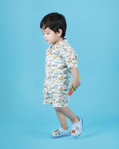 Polka Tots White & Multicolor Shirt & Shorts Set-Vehicle Print-Cotton-For Infants