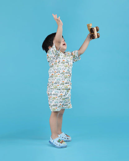 Polka Tots White & Multicolor Shirt & Shorts Set-Vehicle Print-Cotton-For Infants