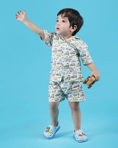 Polka Tots White & Multicolor Shirt & Shorts Set-Vehicle Print-Cotton-For Infants