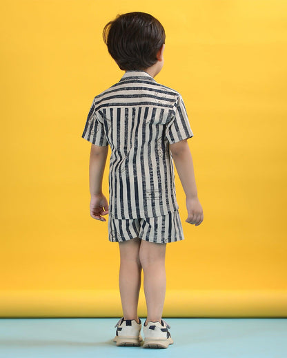 Polka Tots Navy Blue & White Shirt & Shorts Set-Striped-Cotton-For Infants