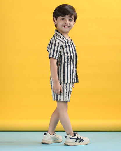 Polka Tots Navy Blue & White Shirt & Shorts Set-Striped-Cotton-For Infants