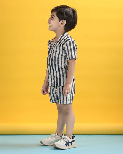 Polka Tots Navy Blue & White Shirt & Shorts Set-Striped-Cotton-For Infants