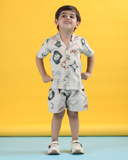 Polka Tots Off White Shirt & Shorts Set-Abstract Print-Cotton-For Infants