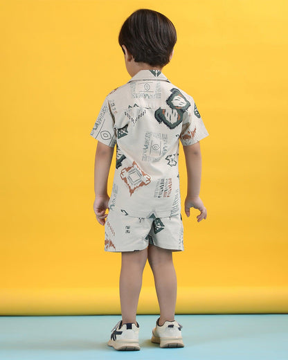 Polka Tots Off White Shirt & Shorts Set-Abstract Print-Cotton-For Infants