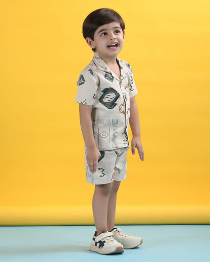Polka Tots Off White Shirt & Shorts Set-Abstract Print-Cotton-For Infants