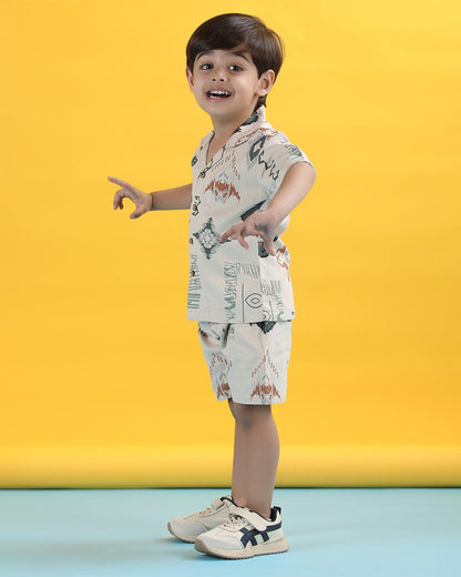 Polka Tots Off White Shirt & Shorts Set-Abstract Print-Cotton-For Infants