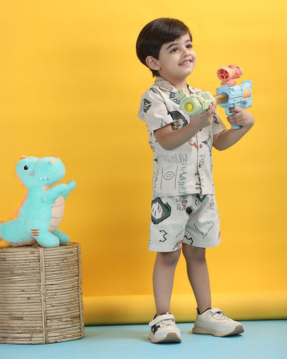 Polka Tots Off White Shirt & Shorts Set-Abstract Print-Cotton-For Infants