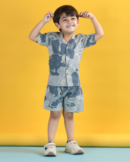Polka Tots Blue Shirt & Shorts Set-Brush Print-Cotton-For Infants