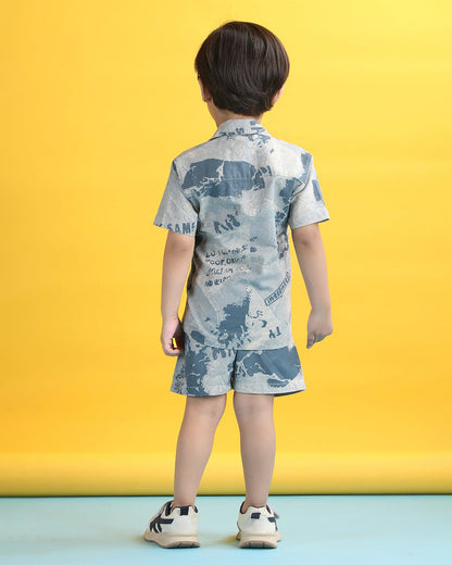 Polka Tots Blue Shirt & Shorts Set-Brush Print-Cotton-For Infants