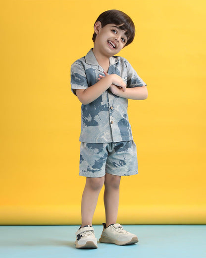 Polka Tots Blue Shirt & Shorts Set-Brush Print-Cotton-For Infants