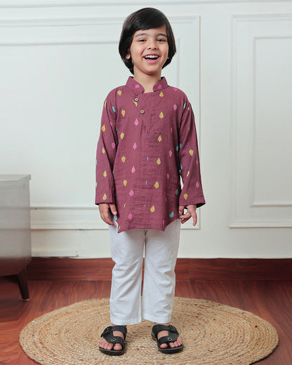 Polka Tots Wine Kurta Pajama Set-Leaf Embroidered-Cotton-For Infants