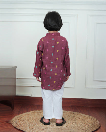 Polka Tots Wine Kurta Pajama Set-Leaf Embroidered-Cotton-For Infants