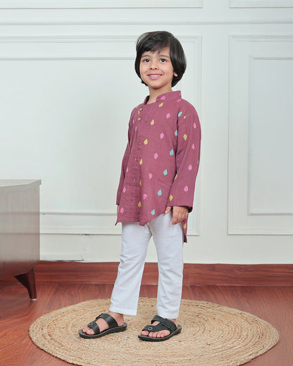 Polka Tots Wine Kurta Pajama Set-Leaf Embroidered-Cotton-For Infants