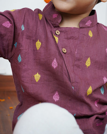 Polka Tots Wine Kurta Pajama Set-Leaf Embroidered-Cotton-For Infants