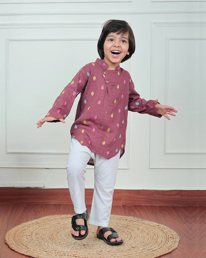 Polka Tots Wine Kurta Pajama Set-Leaf Embroidered-Cotton-For Infants