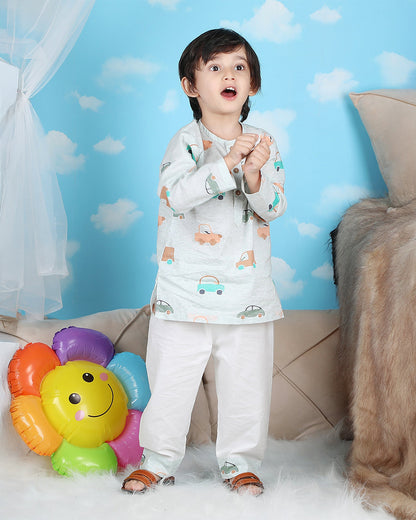 Polka Tots Green Nightsuit-Car Print-Cotton-For Infants