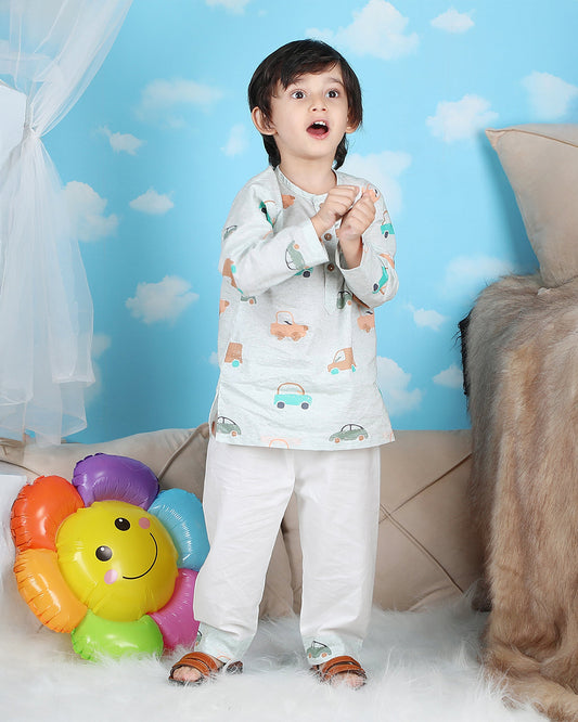 Polka Tots Green Nightsuit-Car Print-Cotton-For Infants