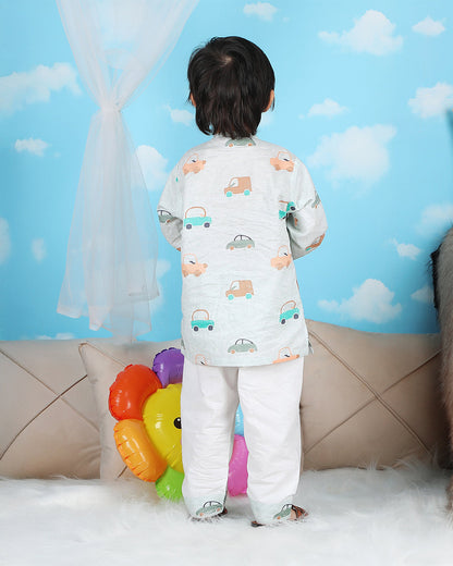 Polka Tots Green Nightsuit-Car Print-Cotton-For Infants