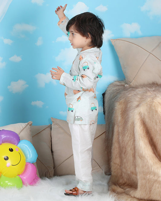 Polka Tots Green Nightsuit-Car Print-Cotton-For Infants