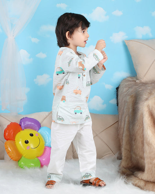 Polka Tots Green Nightsuit-Car Print-Cotton-For Infants